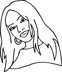 Beautiful young woman looking serious. Model girl for beauty salon, hairdressing, cosmetic shop. Girl with long dark hair and big eyes. Hand drawn illustration. Comic cartoon style vector drawing.