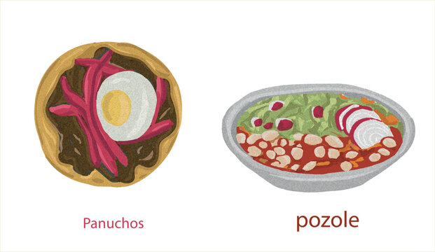 Panuchos and Pozole. Mexican foods vector. Best Mexican Dishes. Latin american food set illustration.