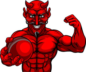 Devil Cricket Sports Mascot Holding Ball