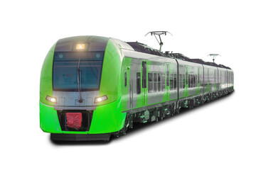 City electric green train long train composition from wagons, isolated on white background.