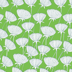 Obraz premium Dandelion flower seamless pattern drawn with lines on light green background, isolated from background, all colors easily changeable.
