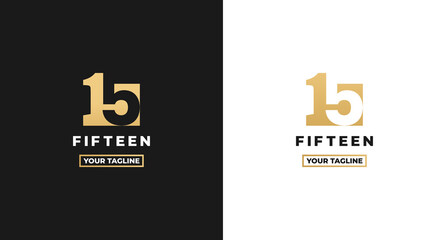 Number 15 logo or Logo Number 15 isolated on white and black background. Logo Number 15 elegant. Suitable for brand logos or products with the brand name fifteen. Number 15 logo simple gold color - obrazy, fototapety, plakaty