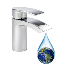 Lack of water on earth concept. Earth in a drop of water dripping from the faucet. Elements of this image furnished by NASA.