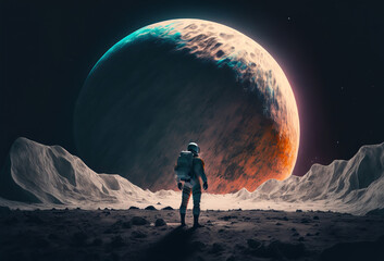 Fototapeta na wymiar An Astronaut standing on the moon looking at a large earth like planet. Generative ai