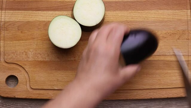 chop the eggplant into large chunks with a kitchen knife