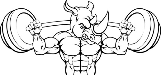 Rhino Mascot Weight Lifting Barbell Body Builder