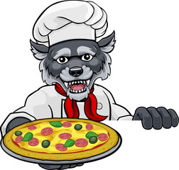Wolf Pizza Chef Cartoon Restaurant Mascot Sign