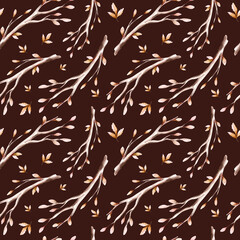 Pattern of watercolor autumn leaves branches, oak, maple, birch, rowan, ash. Golden fall trees landscape. Yellow leaf background