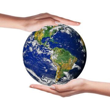 Two hands holding the world isolated on white background. Save the planet earth concept. Earth day conceptual image. Elements of this image furnished by NASA.