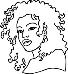 Beautiful young black woman smiling with white teeth. Model girl for beauty salon, hairdressing, cosmetic shop. Girl with long dark hair and big eyes. Hand drawn illustration. Cartoon vector drawing.