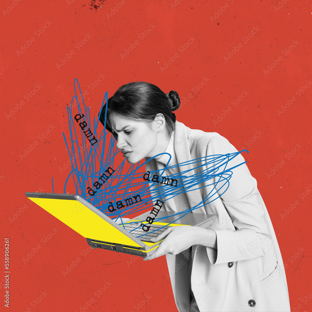 Wall mural contemporary art collage. conceptual creative design. young woman, employee looking on laptop, worki