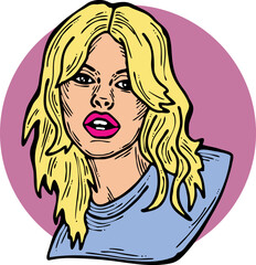 Beautiful young woman looking serious. Model girl for beauty salon, hairdressing, cosmetic shop. Girl with long blond hair and big eyes. Hand drawn illustration. Comic cartoon style vector drawing.