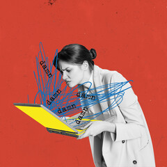 Contemporary art collage. Conceptual creative design. Young woman, employee looking on laptop, working. Difficult tasks - obrazy, fototapety, plakaty
