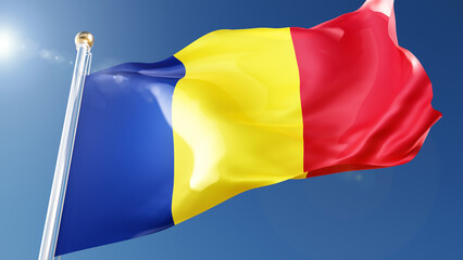romania flag waving in the wind against a blue sky. romanian national symbol on flagpole, 3d rendering
