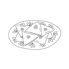Vector samsa dish from dough and meat. Hand drawn traditional Uzbek cuisine illustration