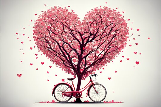 Red tree shaped as a heart and a bicycle isolated on a white background. 
