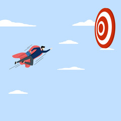 Goal Achievement Concept, businessman superhero flying fast through business target, challenge or mission to win and achieve success target, leadership, motivation and skill to reach work goal concept