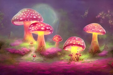 Illuminated mushrooms in the forest