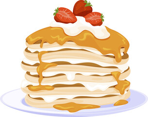 Pancakes stack with whipped cream and strawberry on serving plate isometric vector illustration
