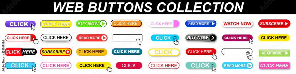 Poster web buttons big collection. read more. different colorful button set. trendy colors on white backgro