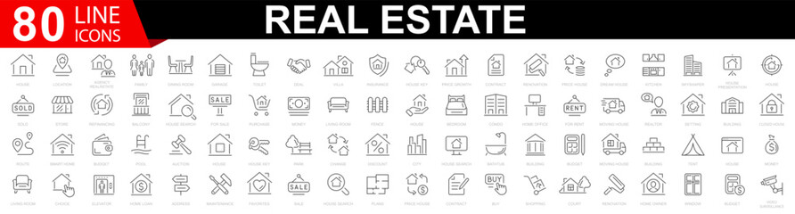 Set of 80 Real Estate web icons. Included the icons as realty, property, mortgage, home loan and more. Rent, building, agent, house, auction, property, mortgage, home, realtor, collection.
