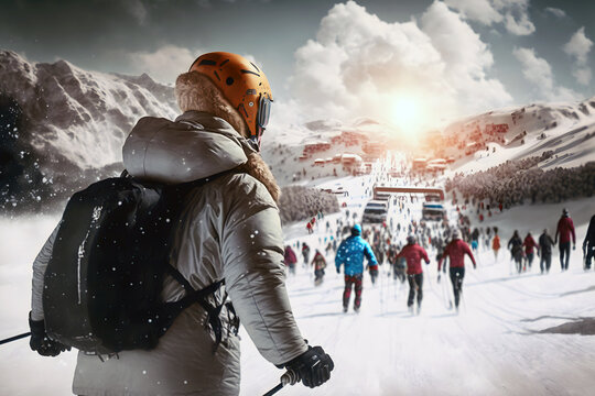 Winter resort, skiers returning to the village down the slope, Generative AI