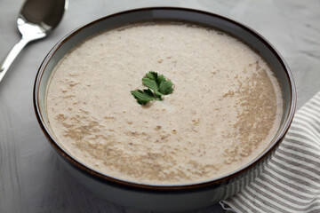 Homemade Cream of Mushroom Soup in a Bowl on a gray background, side view. Close-up.