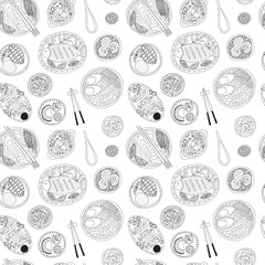 Hand drawn vector Thai food seamless pattern. Different Thai dishes pattern on white background