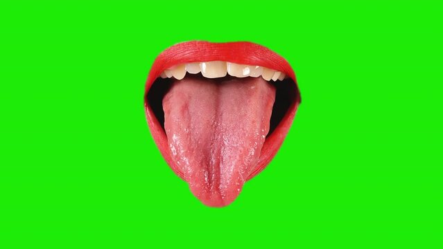 Female Mouth Tongue Out Green Screen Red Lipstick Funny Background. Mouth of a woman wearing red lipstick putting tongue out on a green screen background