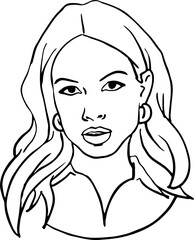 Beautiful young woman looking serious. Model girl for beauty salon, hairdressing, cosmetic shop. Girl with long blond hair and big eyes. Hand drawn illustration. Comic cartoon style vector drawing.