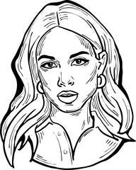 Beautiful young woman looking serious. Model girl for beauty salon, hairdressing, cosmetic shop. Girl with long blond hair and big eyes. Hand drawn illustration. Comic cartoon style vector drawing.