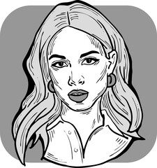Beautiful young woman looking serious. Model girl for beauty salon, hairdressing, cosmetic shop. Girl with long blond hair and big eyes. Hand drawn illustration. Comic cartoon style vector drawing.