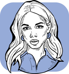 Beautiful young woman looking serious. Model girl for beauty salon, hairdressing, cosmetic shop. Girl with long blond hair and big eyes. Hand drawn illustration. Comic cartoon style vector drawing.