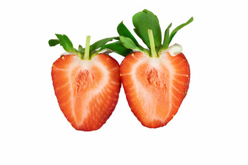 two halves of strawberries on a white background. the red berry is isolated on white. Sweet Couple