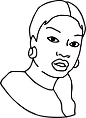 Beautiful young black woman smiling with white teeth. Model girl for beauty salon, hairdressing, cosmetic shop. Girl with long dark hair and big eyes. Hand drawn illustration. Cartoon vector drawing.