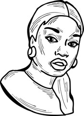 Beautiful young black woman smiling with white teeth. Model girl for beauty salon, hairdressing, cosmetic shop. Girl with long dark hair and big eyes. Hand drawn illustration. Cartoon vector drawing.