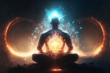 Generative AI illustration of spiritual awakening enlightment meditation - obrazy, fototapety, plakaty