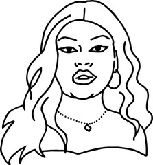 Beautiful young black woman smiling with white teeth. Model girl for beauty salon, hairdressing, cosmetic shop. Girl with long dark hair and big eyes. Hand drawn illustration. Cartoon vector drawing.