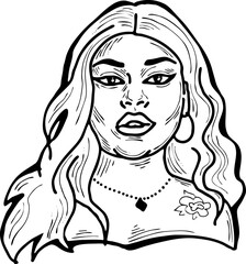 Beautiful young black woman smiling with white teeth. Model girl for beauty salon, hairdressing, cosmetic shop. Girl with long dark hair and big eyes. Hand drawn illustration. Cartoon vector drawing.