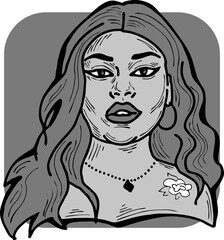 Beautiful young black woman smiling with white teeth. Model girl for beauty salon, hairdressing, cosmetic shop. Girl with long dark hair and big eyes. Hand drawn illustration. Cartoon vector drawing.