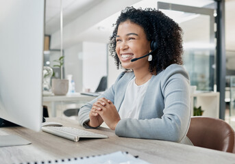 Black woman, call center and computer with CRM and contact us, phone call with customer service or telemarketing. Tech support, tech and office with communication and contact center female employee. - obrazy, fototapety, plakaty