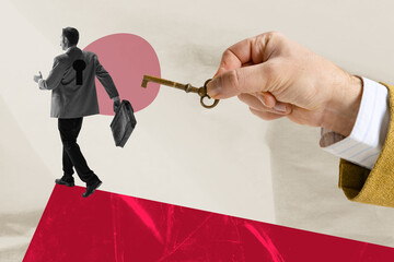 Personnel management, individual approach concept. Businessman going away and huge human hand with key. Contemporary art collage.