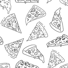 Pizza doodle monochrome seamless pattern. Vector outline sketch on white