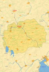Nordmazedonien Karte mit Städten Straßen Flüssen Seen