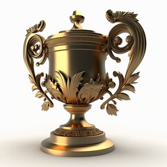 Fototapeta premium Golden trophy with reflections, white background. AI digital illustration