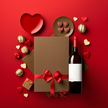 Valentine's day with a bottle of wine champagne, a gift box with a red ribbon bow, heart-shaped candies, and an envelope on red background with copy space, Generative AI	