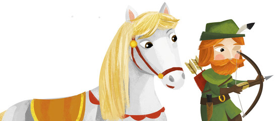 cartoon scene with prince king with his friend horse illustration for children