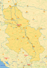 Fototapeta na wymiar Serbien Karte mit Städten Straßen Flüssen Seen