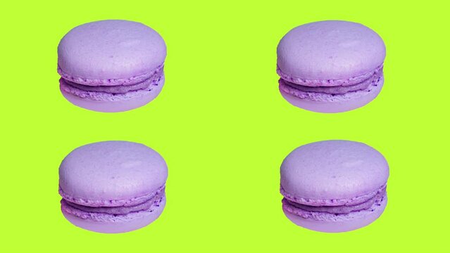 trendy food stop motion animation, sweet macaron cake of different colors on a green or yellow background in pop art style