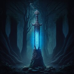 Mystical medieval sword embedded in stone with blue lights. AI